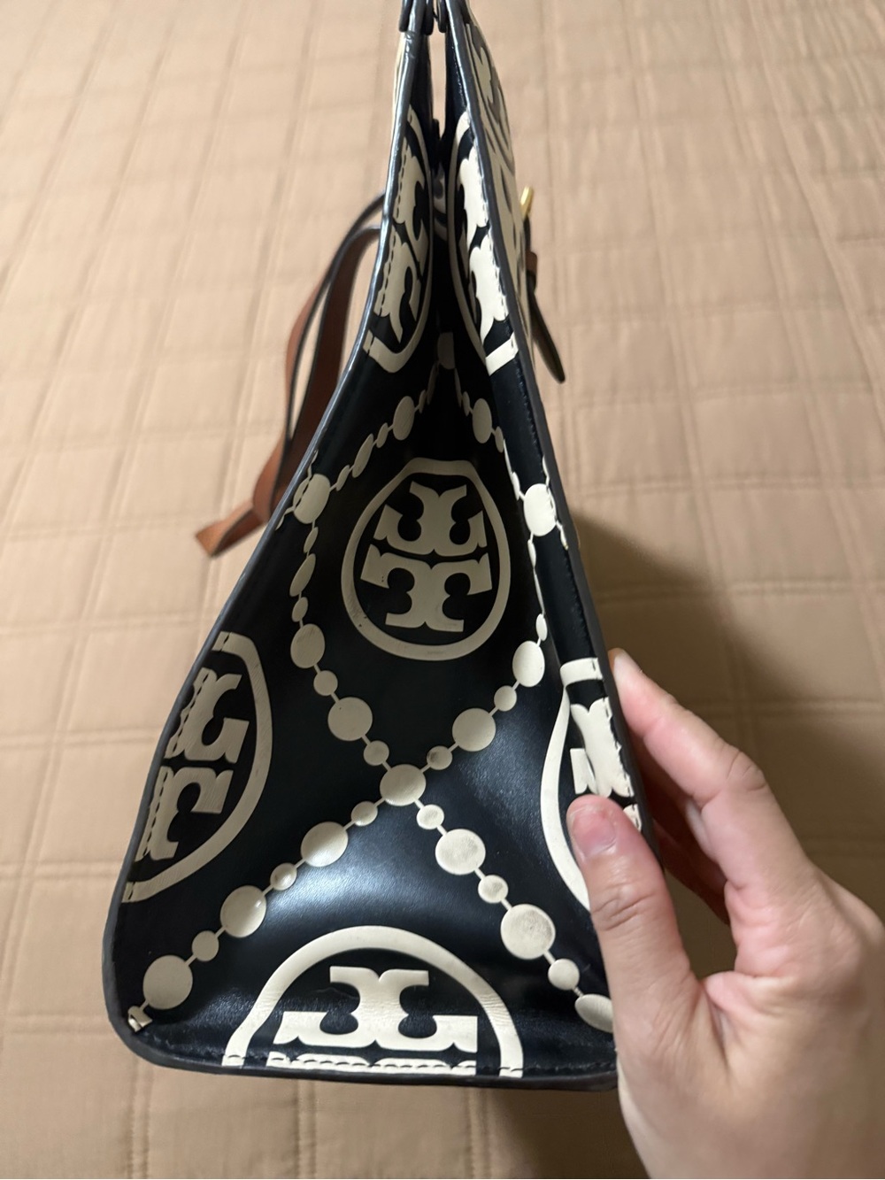 Tory Burch Cream and Black Logo Tote with Brown Straps - Picture 12 of 12